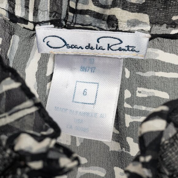 Oscar de la Renta AW/10 Black & White Abstract Silk Lace-Trim Tie-Neck Blouse - Picture 9 of 10